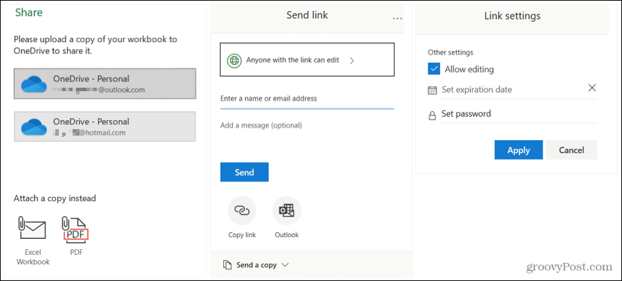 Ossza meg az Excel küldési és összekapcsolási beállításait Windows rendszeren
