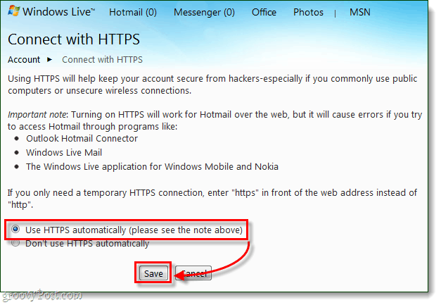 Hogyan lehet mindig biztonságosan csatlakozni a Windows Live-hoz és a Hotmailhez a HTTPS-en keresztül
