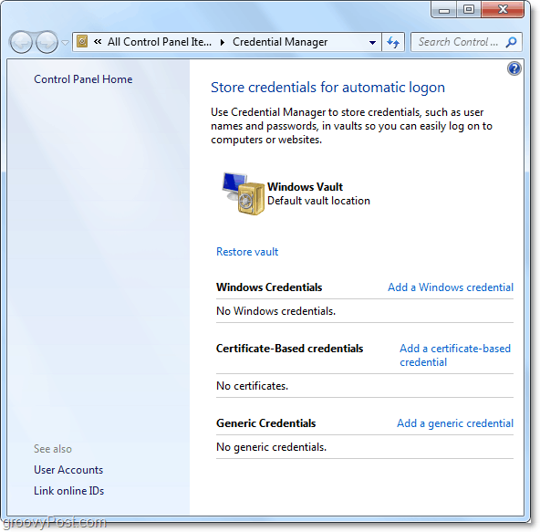 a Windows 7 hitelesítő adatok kezelő-tárolójának áttekintése