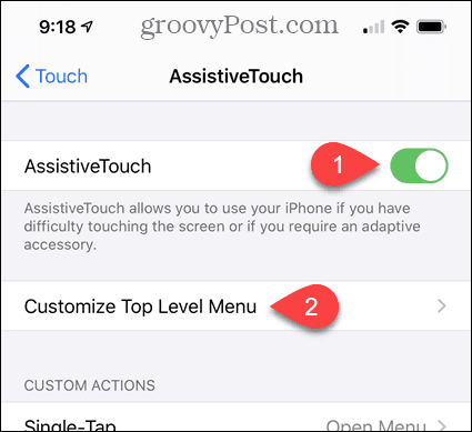 Engedélyezze az AssistiveTouch és testreszabhatja a felső szintű menüt az iPhone beállításokban
