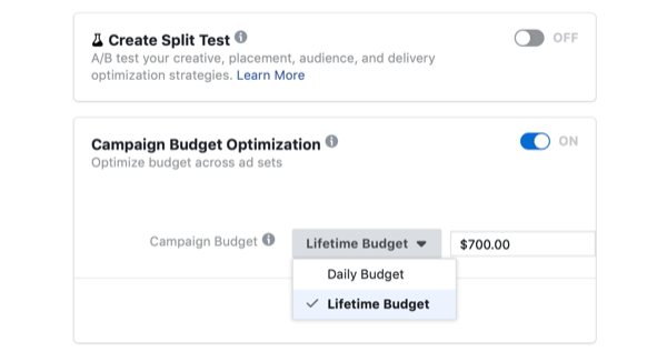 válassza a Kampány költségkeret optimalizálása és a Facebook kampány élettartama költségkeretét a flash értékesítés napján