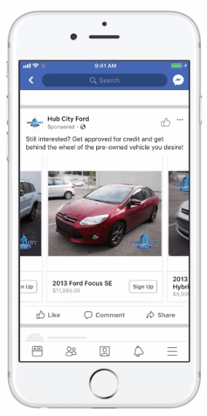 A Facebook dinamikus hirdetéseket vezetett be, amelyek lehetővé teszik az autóipari vállalatok számára, hogy a járműkatalógusukat felhasználva növeljék hirdetéseik relevanciáját.
