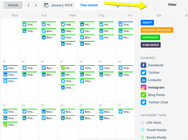 Hogyan lehet megszervezni a közösségi média marketing feladatait, a ContentCal naptár áttekintése szűrőkkel