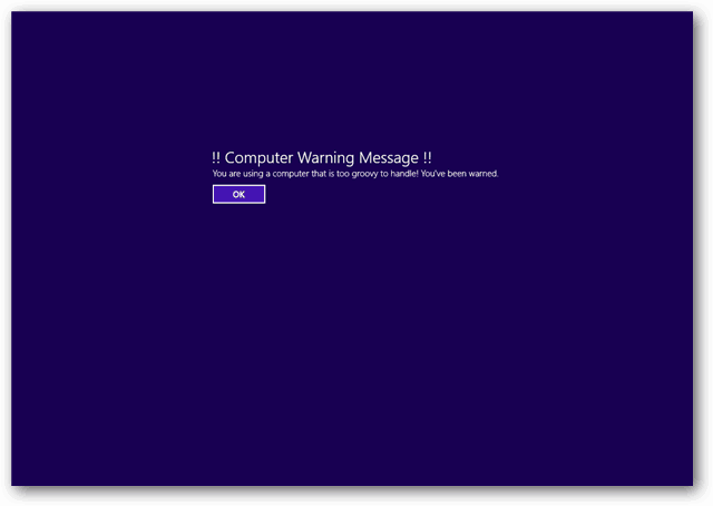 Windows 8 jogi értesítés indítási üzenet képernyőképe