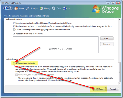 Tiltsa le a Windows Defender Vista alkalmazást