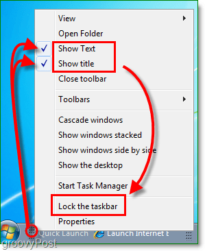 tiltsa le a gyorsindító szöveget és a címet a Windows 7-ben, zárja le a tálcát