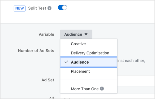 Válasszon egy változót, amelyet a Facebook split tesztelési funkcióval tesztel.