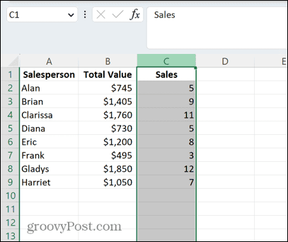 Excel kiválasztott oszlop