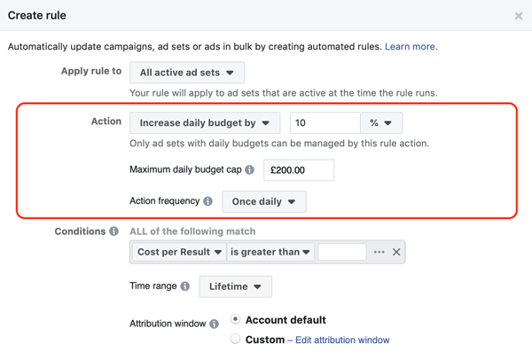 Használja a Facebook automatizált szabályait, növelje a költségkeretet, amikor a ROAS meghaladja a 2-t, a 2. lépés, a művelet beállításai