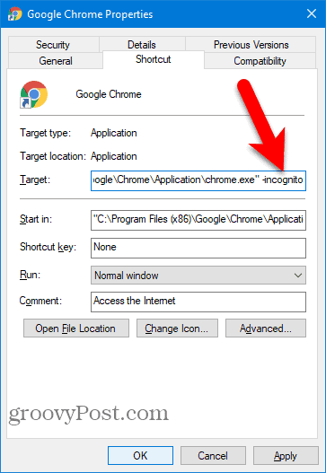 Add hozzá -incognito a Chrome Desktop parancsikonhoz