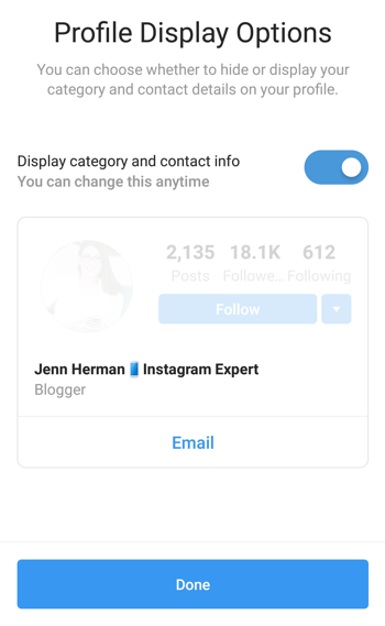 Instagram alkotói profil kategória kiválasztása és megjelenítése.