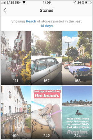 Az Instagram Stories Reach adatok megtekintése az Instagram Analytics szolgáltatásban.