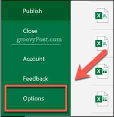 Az Opciók menü megnyitása az Excel programban