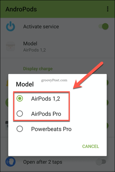 AndroPods AirPods Modell menü