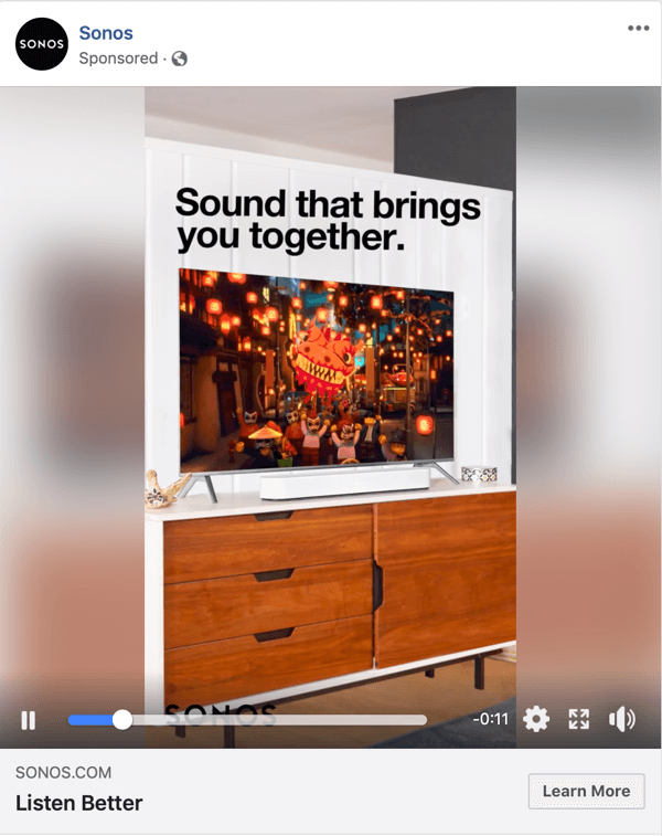 Példa Sonos Facebook-videóhirdetésére.