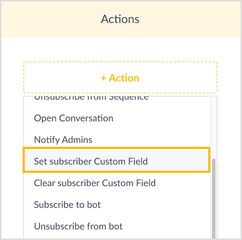 Válassza a SubsCustom Custom Field beállítása lehetőséget a ManyChat menüben.