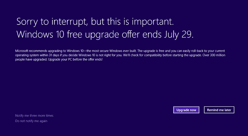 A Microsoft közzéteszi a Windows 10 ingyenes frissítési ajánlatának értesítését