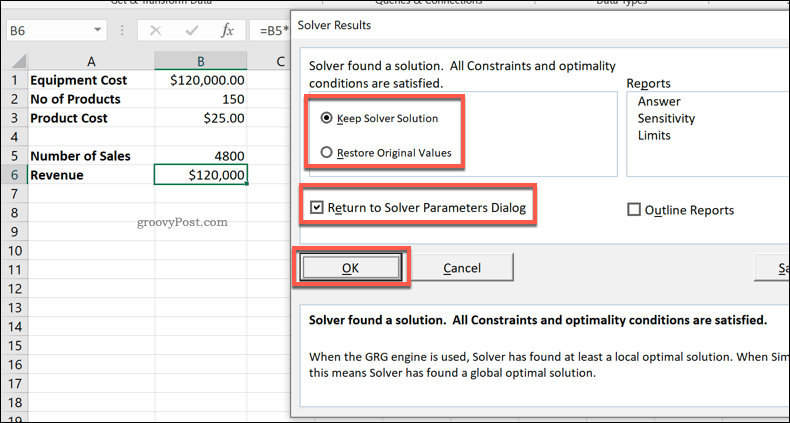 Excel Solver eredmények ablak