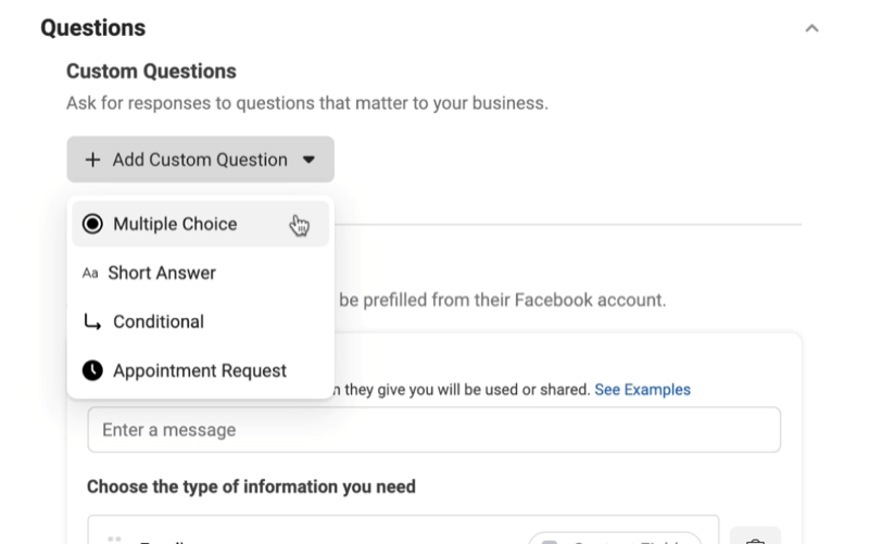 A facebook lead hirdetések új potenciális űrlap opciót hoznak létre az egyéni kérdések menü hozzáadásával a feleletválasztós, a rövid válasz, a feltételes vagy a találkozóigény lehetőségeivel