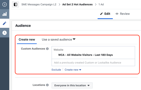 Hogyan konvertálhatja a webhely látogatóit a Facebook Messenger hirdetésekkel, 2. lépés: hozzon létre egyedi webhely közönséget