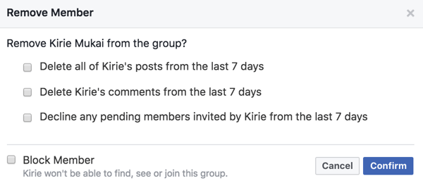 Törölheti a tagok bejegyzéseit, megjegyzéseit és meghívásait, amikor eltávolítja őket a Facebook-csoportból.