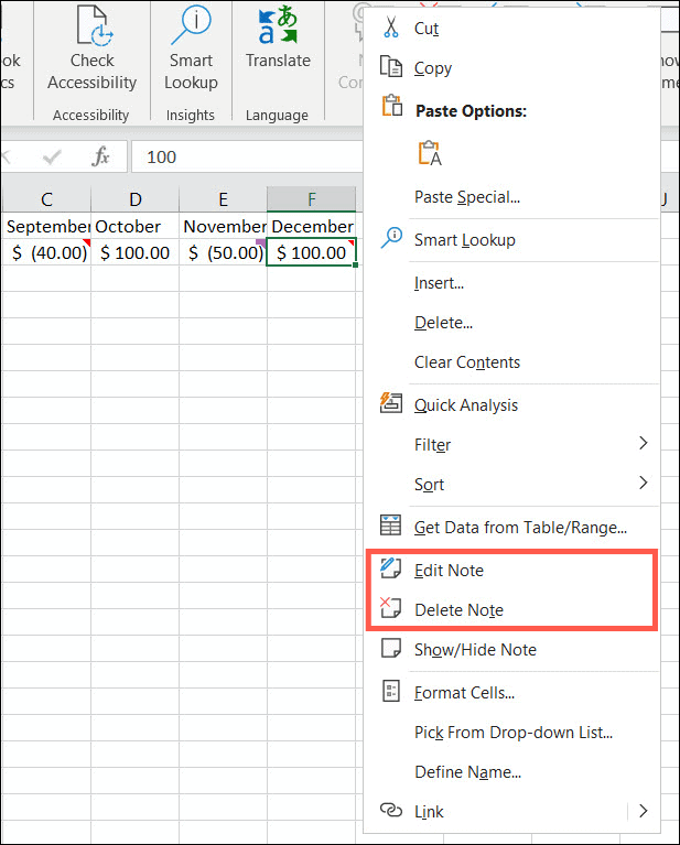 Jegyzetek szerkesztése vagy törlése az Excelben