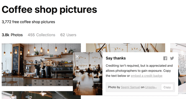 Miután letöltött egy képet, az Unsplash azt javasolja, hogy mondjon köszönetet azáltal, hogy hitelt ad a fotósnak.