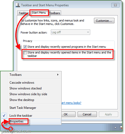 Hogyan lehet letiltani és törölni a Windows 7 ugrási lista előzményeit