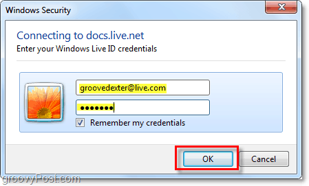 írja be a Windows Live fiók felhasználónevét és jelszavát a microsoft office 2010 alkalmazásba