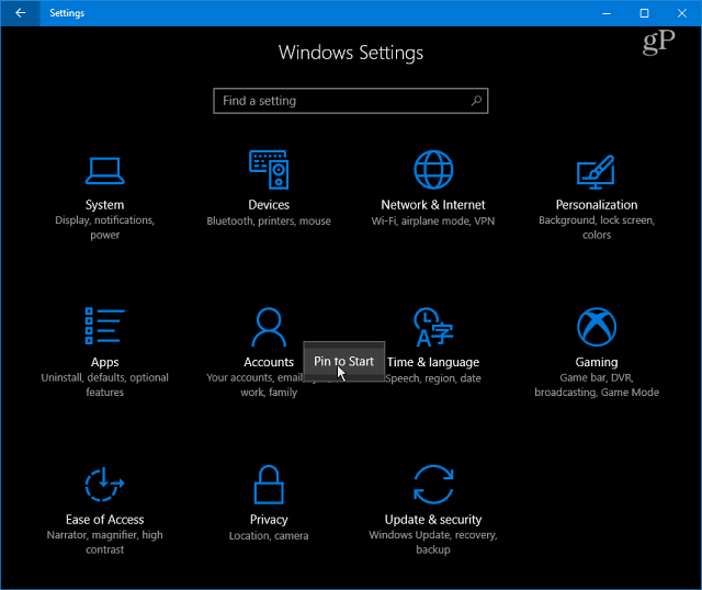 Windows 10 beállításkategóriák