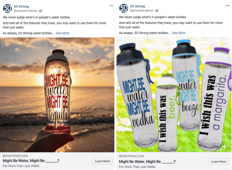 két különböző képeket tartalmazó Facebook-hirdetés, amelyet Facebook-kísérletekkel lehet tesztelni