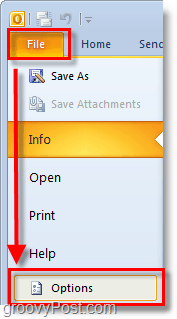 Az Outlook 2010-ben használja a fájlszalagot a lehetőségek megnyitásához