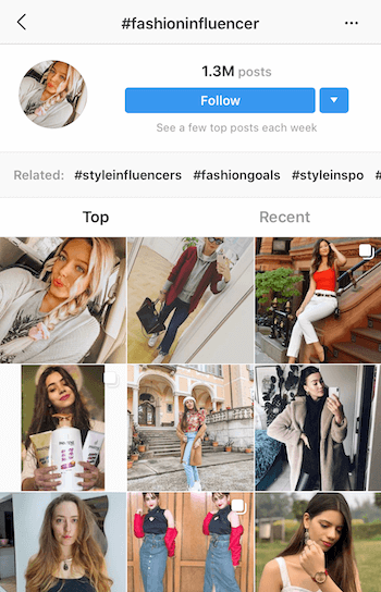 Az Instagram hashtag keresése a potenciális befolyásolók számára, akikkel partner lehet