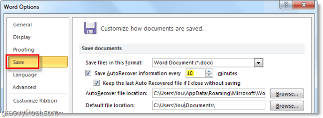 Az AutoRecover szolgáltatás használata az Office 2010-ben