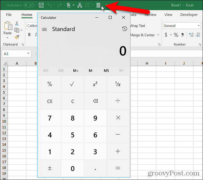 A Windows kalkulátor az Excel gyorselérési eszköztárán