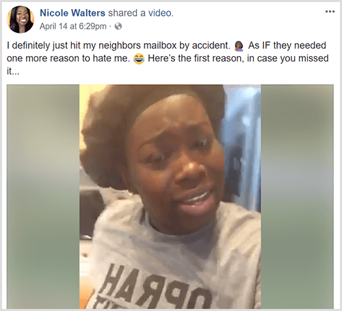 Nicole Walters egy Facebook-videót tett közzé egy szöveges bevezetővel, amely szerint csak véletlenül találta el szomszédja postaládáját. Nicole fekete fejburkolatot és szürke pólót visel.