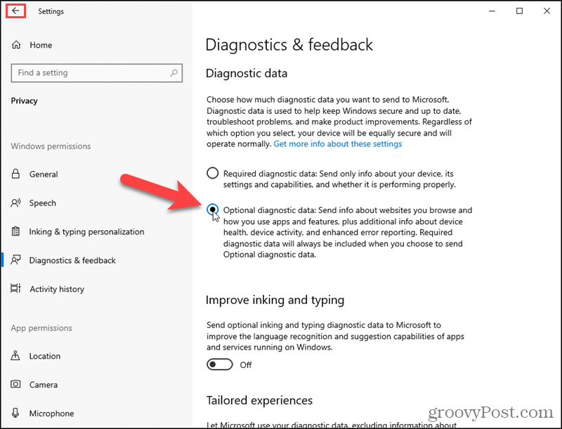 Kapcsolja be a Windows 10 opcionális diagnosztikai adatait