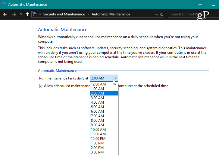 Állítsa be az automatikus karbantartási időt Windows 10 esetén