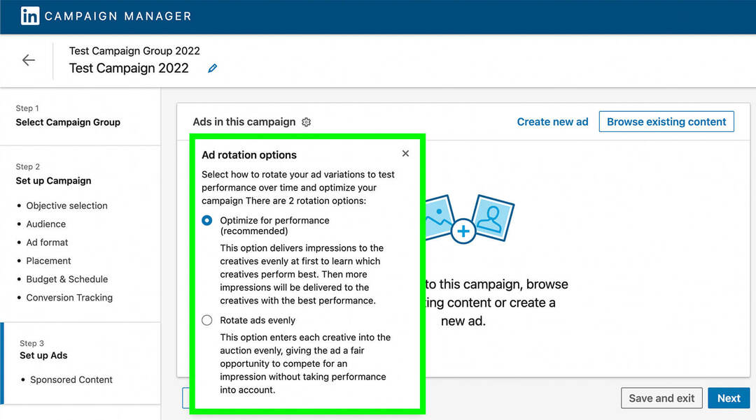 hogyan-kísérletezzen-linkedin-ad-creatives-campaign-manager-optimize-for-performance-rotate-ads-evenly-example-1