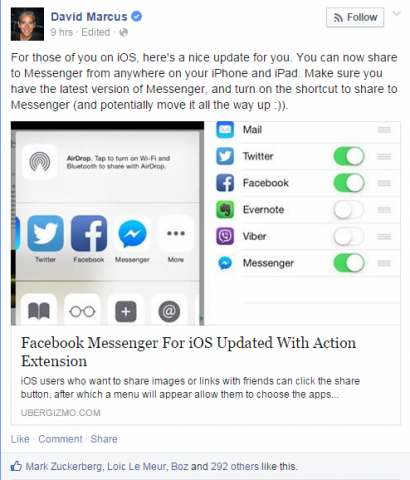 "Az iPhone-t vagy iPad-et használó Facebook Messenger-felhasználók most már közvetlenül megoszthatják fényképeiket vagy linkjeiket az alkalmazáshoz az iOS-alkalmazás frissítését követően."