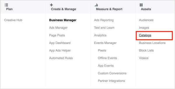 A Katalóguskezelő eléréséhez nyissa meg az Business Manager alkalmazást, és válassza a Katalógusok lehetőséget.