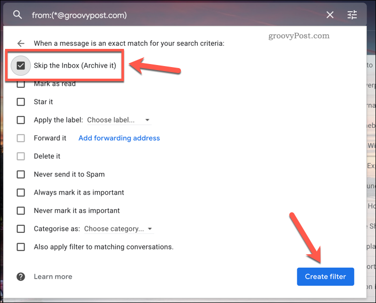 Gmail-szűrőszabály kihagyása