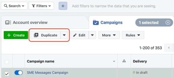 Hogyan lehet konvertálni a webhely látogatóit a Facebook Messenger hirdetésekkel, 1. lépés: duplikált kampány