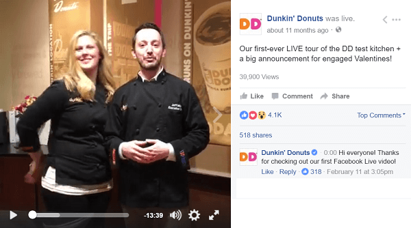 Dunkin Donuts a Facebook Live videóval használja a rajongókat a színfalak mögé.