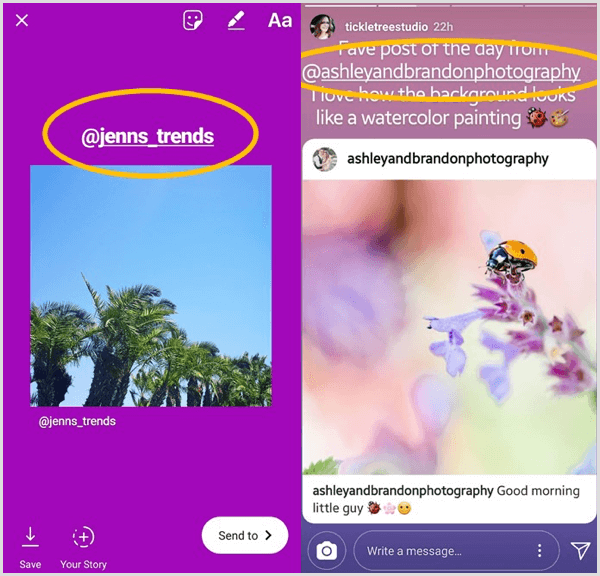 Adjon hozzá egy szövegdobozt, amely felsorolja az eredeti felhasználót, és címkézze meg őket egy újra megosztott Instagram-bejegyzésben.