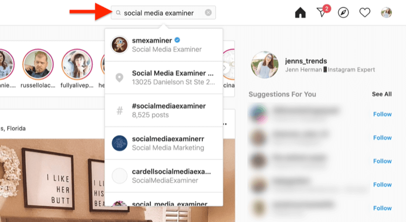 asztali képernyőkép, amely egy Instagram-fiók keresését mutatja, a közösségi média vizsgáztatójának keresési feltételei alapján