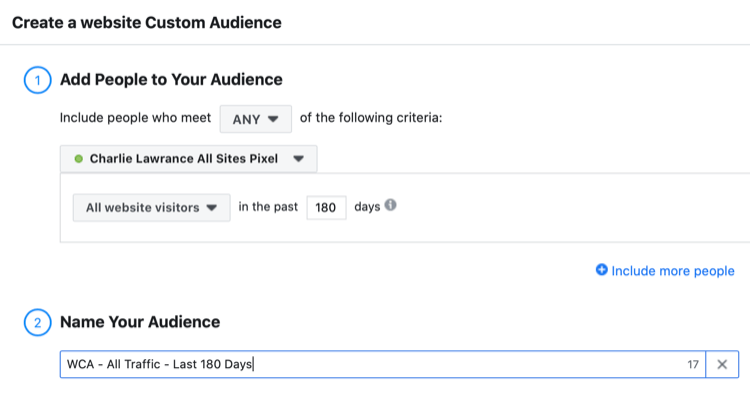 állítsa be a Facebook webhely egyéni közönségét az összes webhelylátogatóról az elmúlt 180 nap során