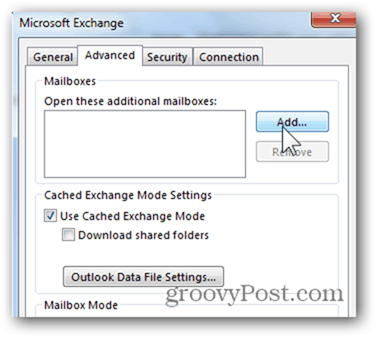 Új postafiók hozzáadása az Outlook 2013-hoz - Kattintson a Speciális, a Hozzáadás gombra