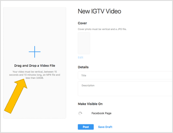 Húzzon egy fájlt egy IGTV videó feltöltésére az asztalra.
