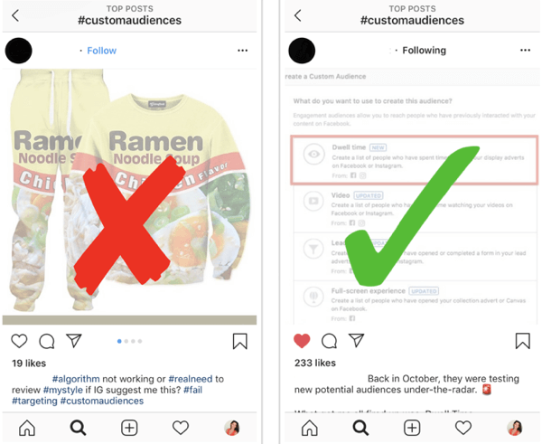 Hogyan lehet stratégiai módon megnövelni Instagram-ját, kövesse a 12. lépést, keressen releváns példa bejegyzéseket, példákat jó és rossz bejegyzésekre